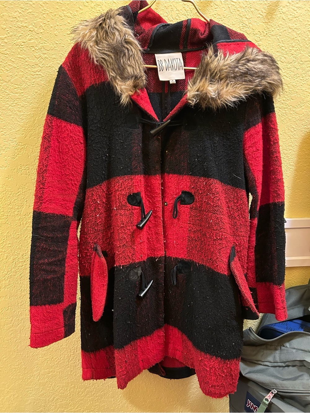BB Dakota Red and Black Hooded Toggle Puffer with Faux Fur Trim
